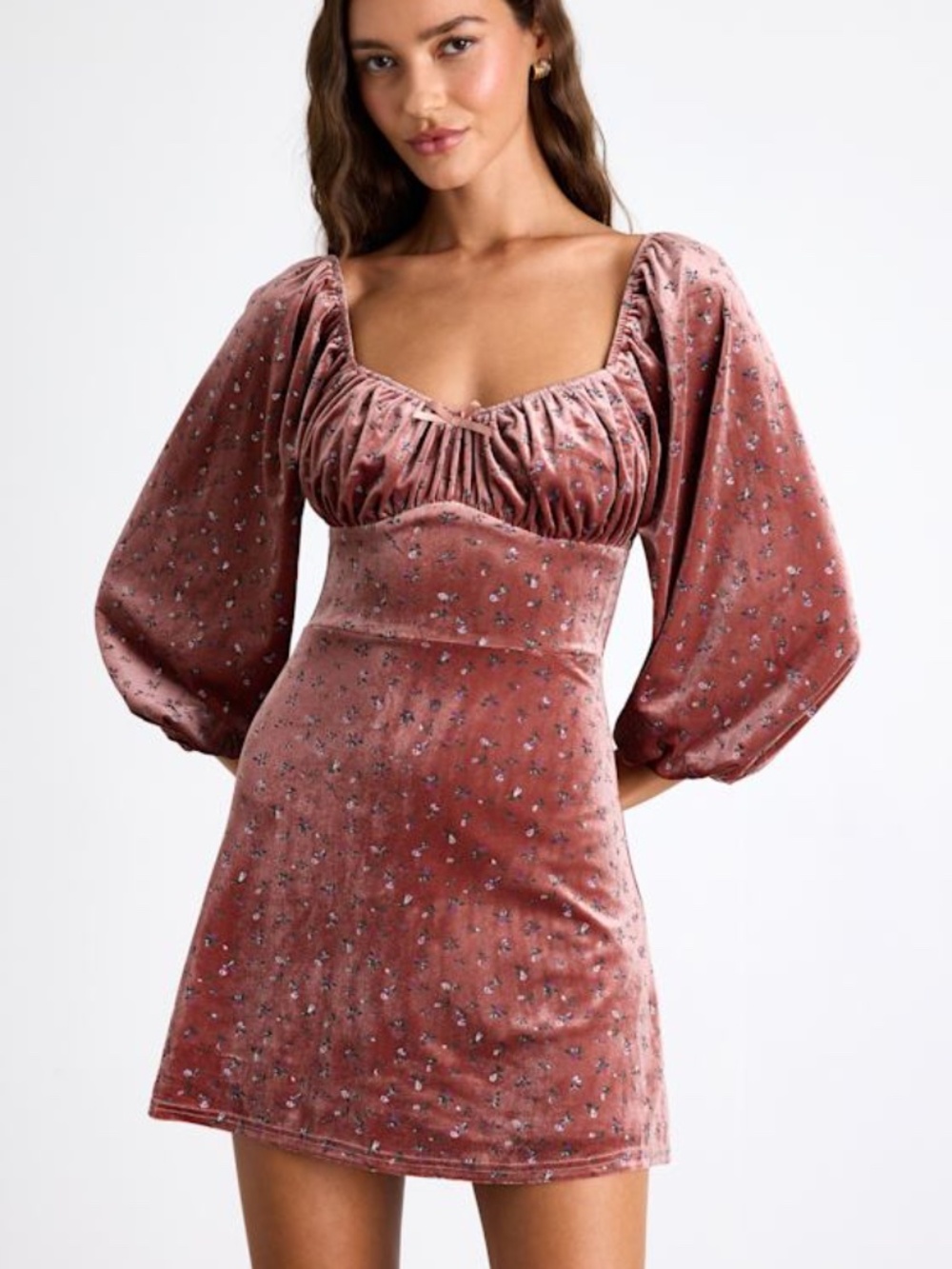 Lulus Adored Perfection Mauve Floral Velvet Balloon Sleeve Mini Dress Pink